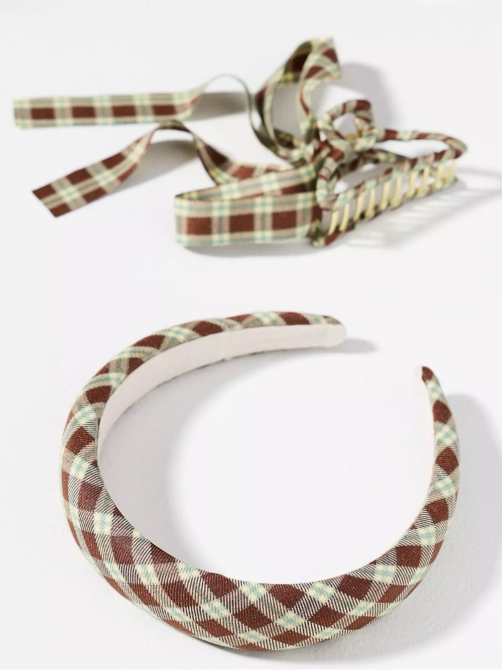 Anthropologie Plaid Fabric Headband and Claw Clip Set Brown Plaid
